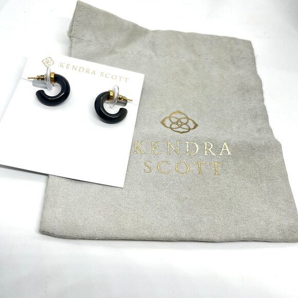 KENDRA SCOTT MIKKI HUGGIE EARRINGS OBSIDIAN BLACK GOLD NWT WITH JEWELRY BAG - Picture 1 of 9